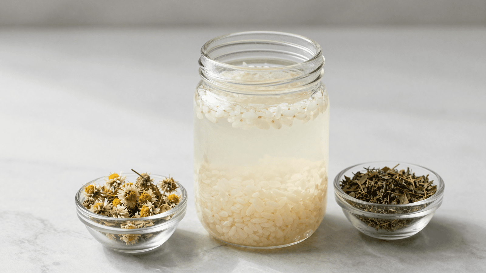 Agua de arroz turva em conserva com graos de arroz, camomila e cha verde para a pele