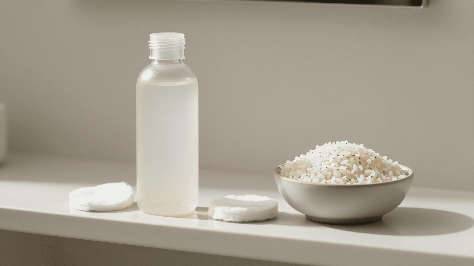 Agua de arroz pronta num frasco de vidro com disco de algodao e arroz branco ao lado