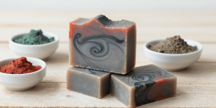 Sabonete rustico de mix de argilas e dolomita feito em cold process com argilas ao lado