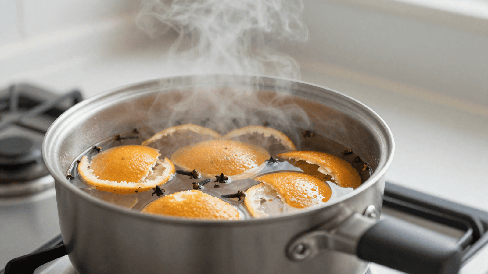 Fervendo cascas de laranja com cravo e agua numa panela para o aromatizador