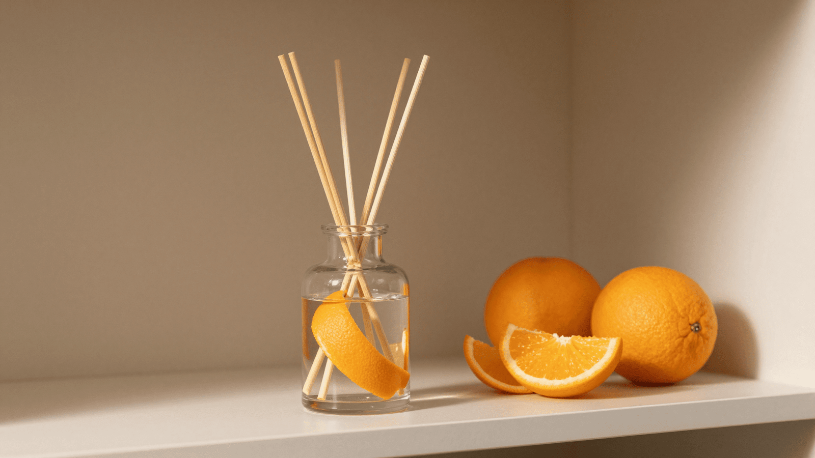 Aromatizador natural de cascas de laranja pronto em vidro com varetas na sala