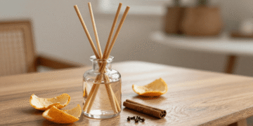 Aromatizador de ambientes de cascas de laranja em vidro com varetas, cravo e canela