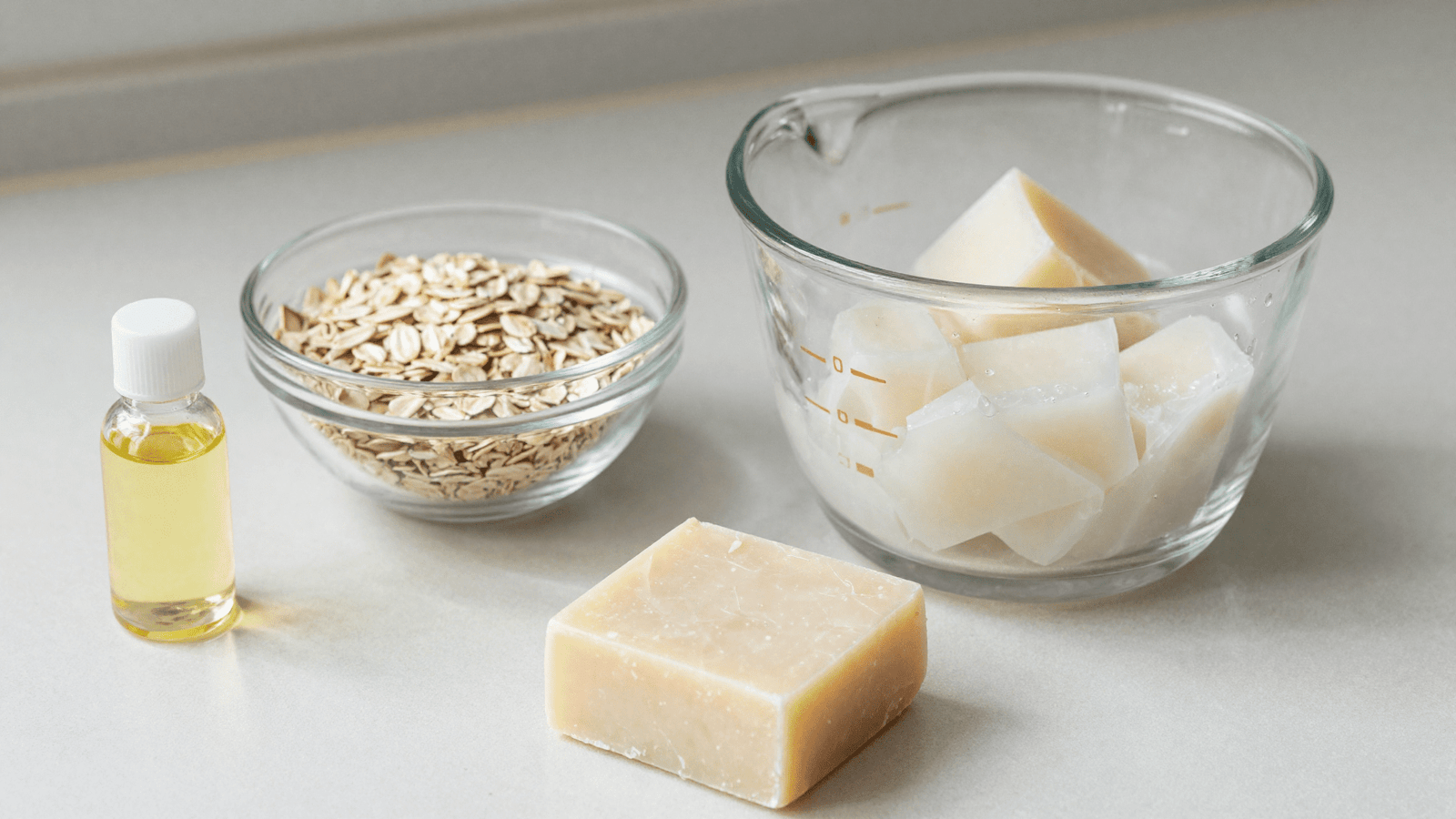 Base glicerinada branca em cubos, aveia em flocos e oleo de coco de babacu para o sabonete de aveia