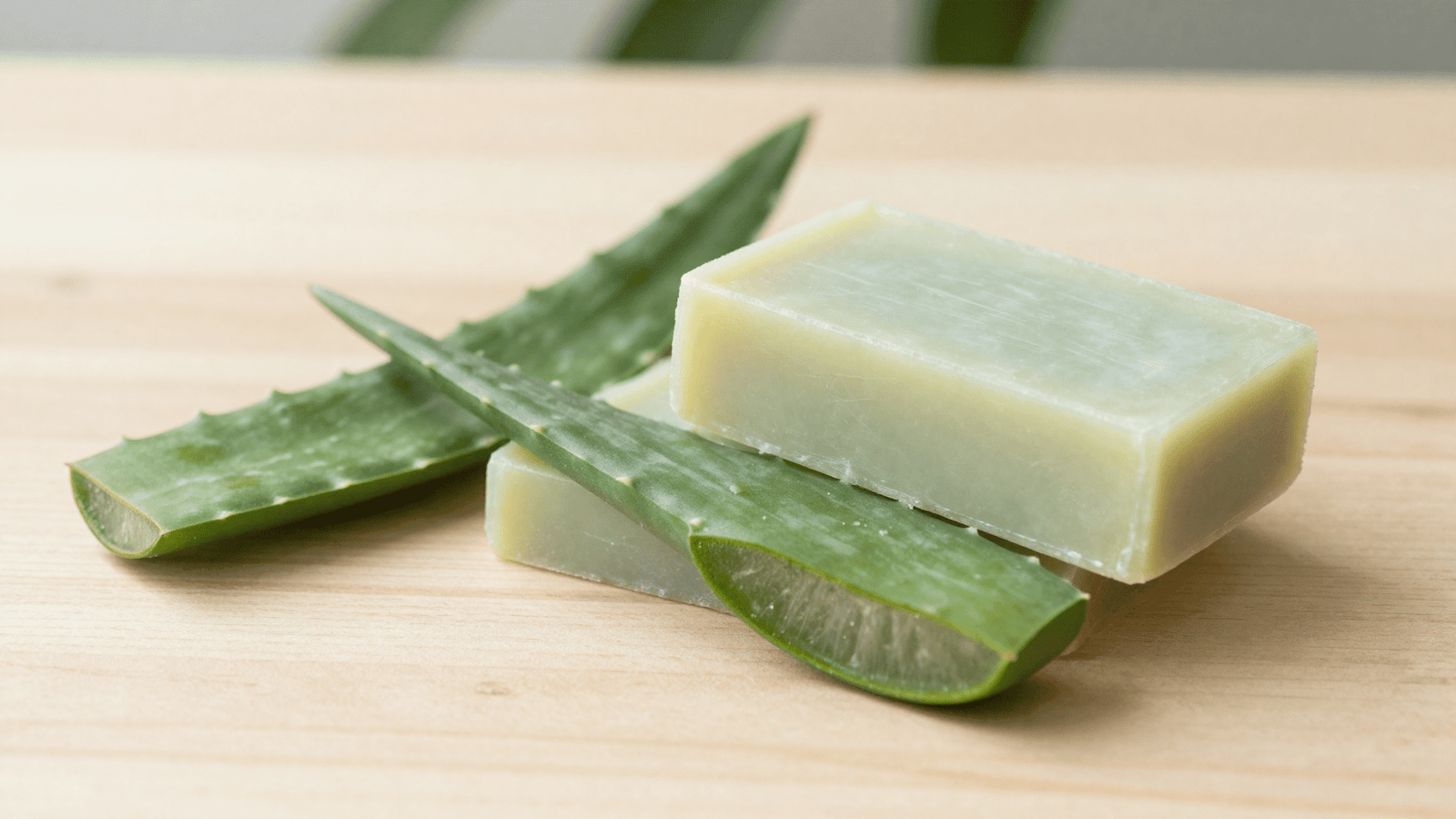 Sabonetes de babosa prontos na base glicerinada com folha de aloe vera ao lado