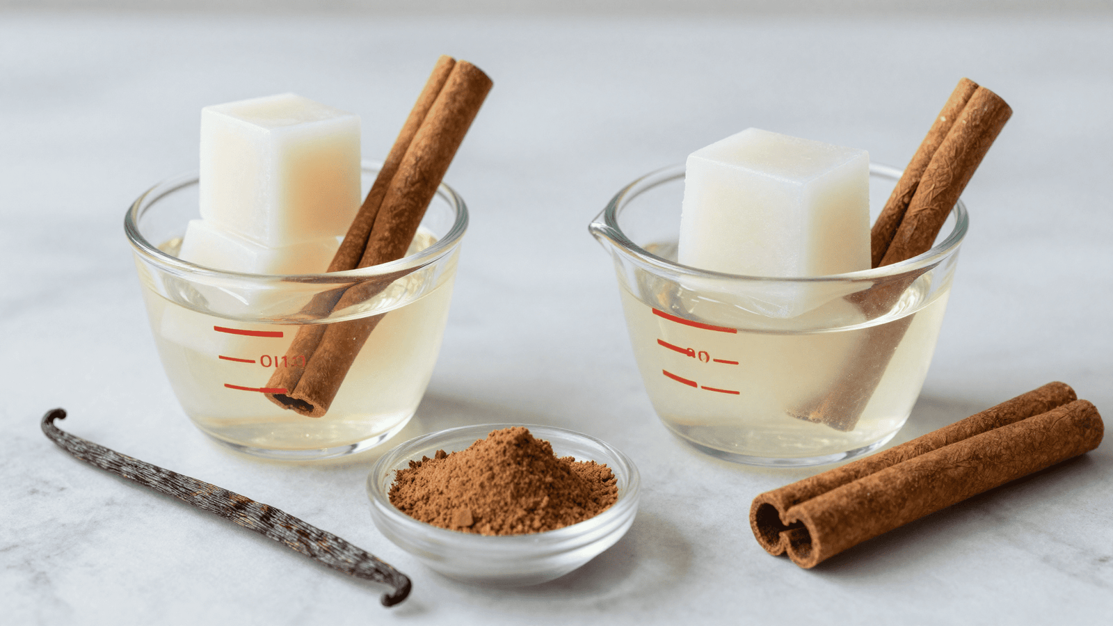 Base glicerinada branca e transparente em cubos, paus de canela, canela em po e fava de baunilha