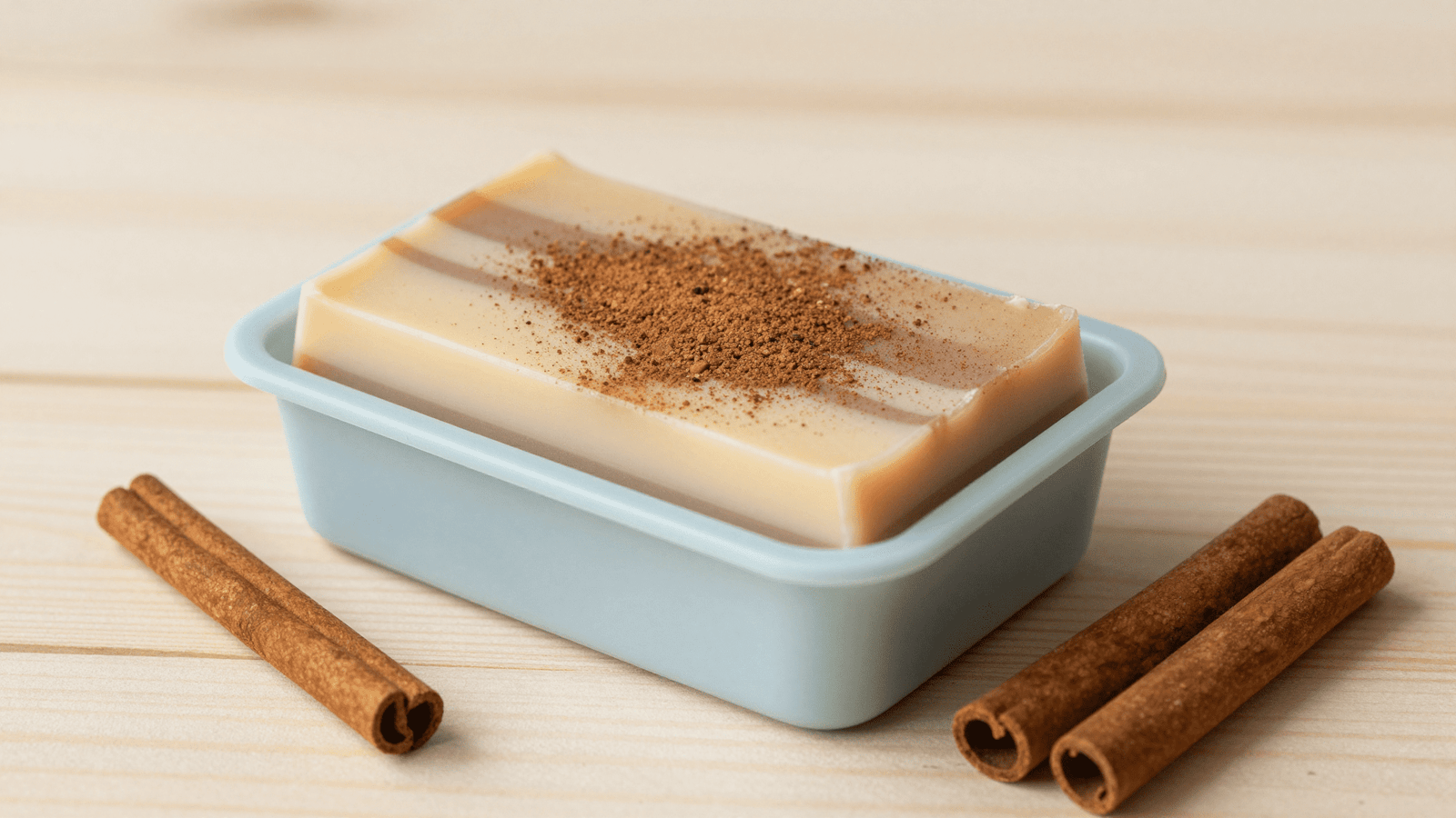 Sabonete de canela e baunilha em camadas creme e marrom no molde com paus de canela ao lado