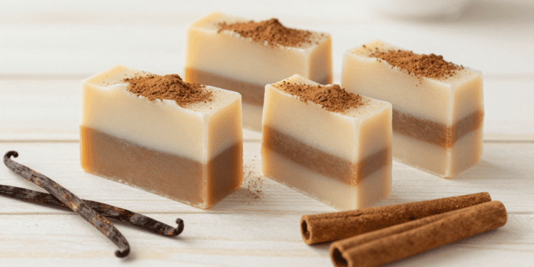 Sabonetes de canela e baunilha em camadas creme e marrom polvilhados com canela e paus de canela ao lado
