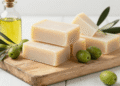 Barras de sabão de castela feitas com 100% azeite de oliva, com azeite e ramos de oliveira ao lado