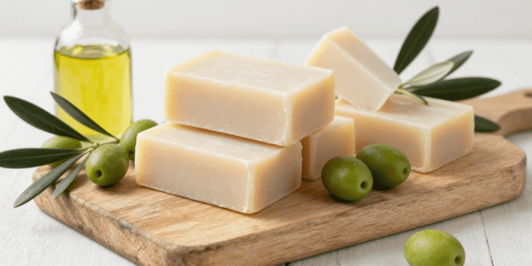 Barras de sabão de castela feitas com 100% azeite de oliva, com azeite e ramos de oliveira ao lado