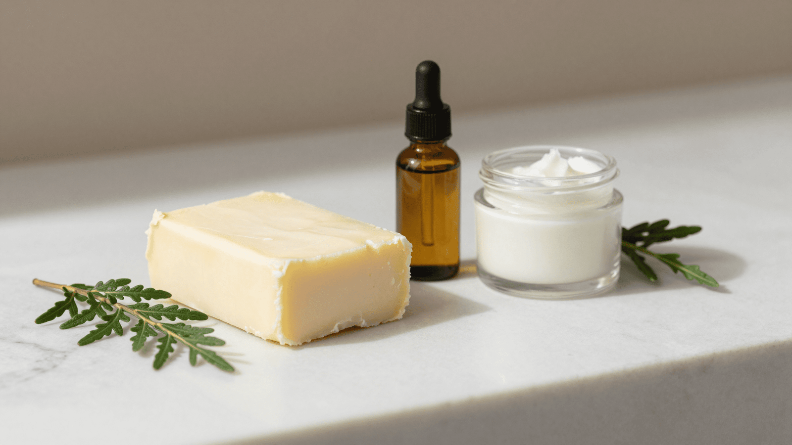 Manteiga de karite, oleo de argan, oleo de coco e ramo de cipreste para o condicionador natural