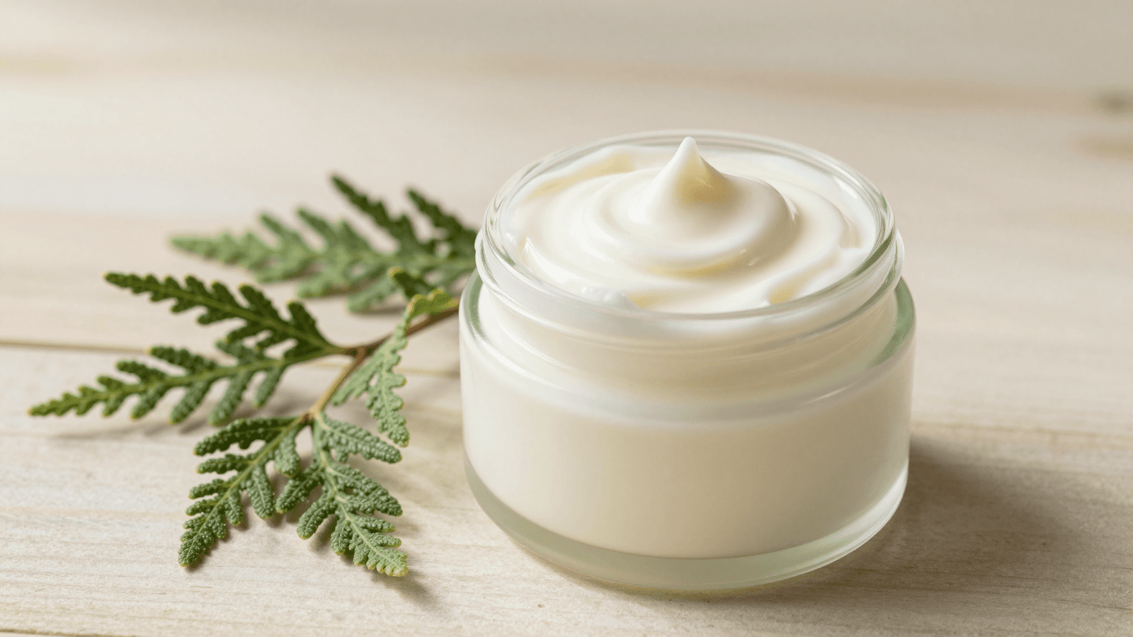 Condicionador natural de cipreste batido pronto num pote com ramo de cipreste ao lado