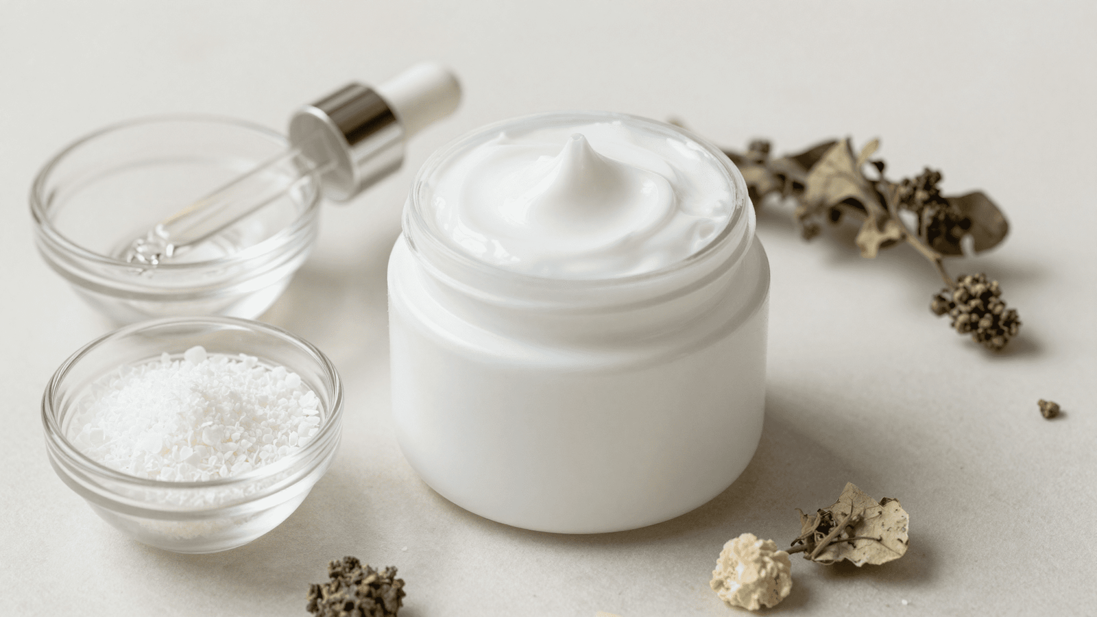 Pote de creme branco feito com a base creme Lanette, com ingredientes naturais ao redor
