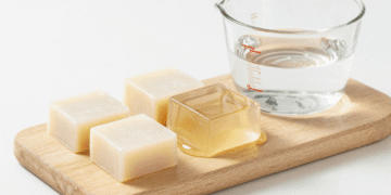 Cubos de base de glicerina transparente e branca sobre tabua de madeira