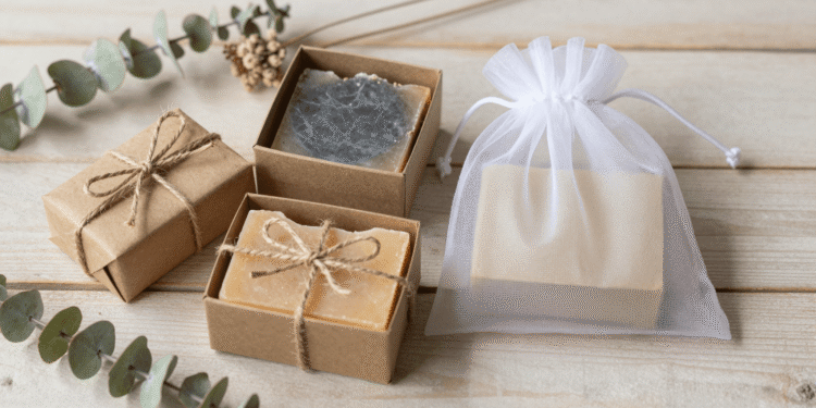 Modelos de embalagem para sabonete artesanal: papel kraft, caixinha e saquinho de organza