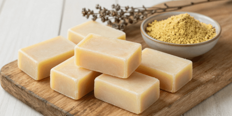 Sabonetes artesanais de enxofre em tom amarelo claro sobre tabua de madeira rustica