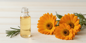 Extrato glicolico de calendula caseiro em frasco de vidro com flores de calendula e alecrim