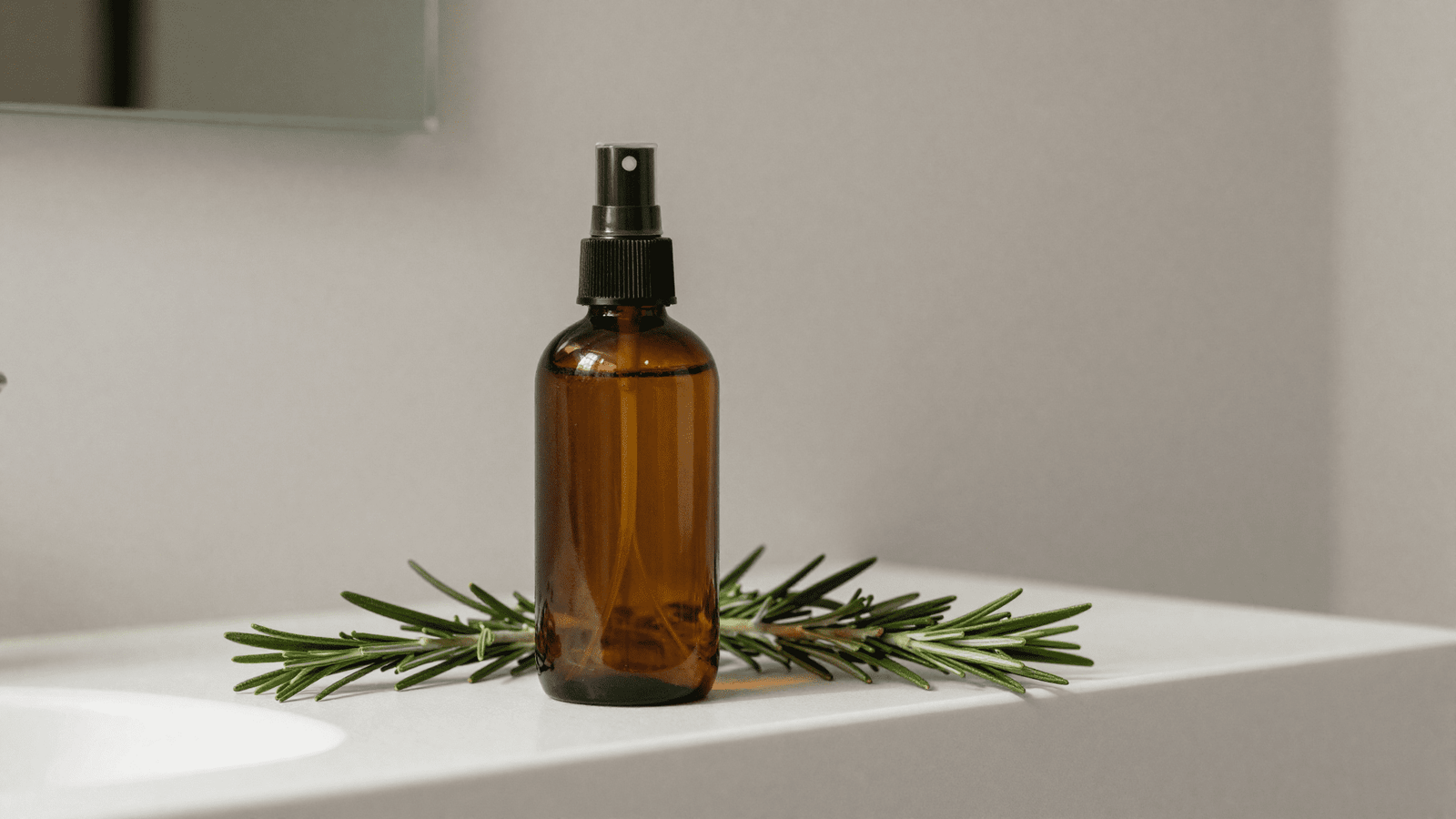 Finalizador natural para o cabelo pronto em frasco ambar com borrifador e alecrim ao lado