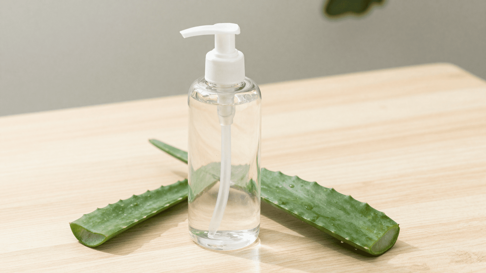 Gel de limpeza facial caseiro pronto num frasco pump com folha de babosa ao lado
