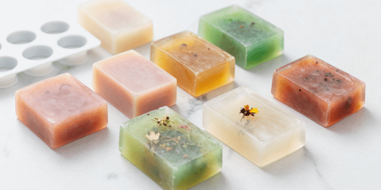 Sabonetes de glicerina coloridos e translúcidos feitos com base melt and pour
