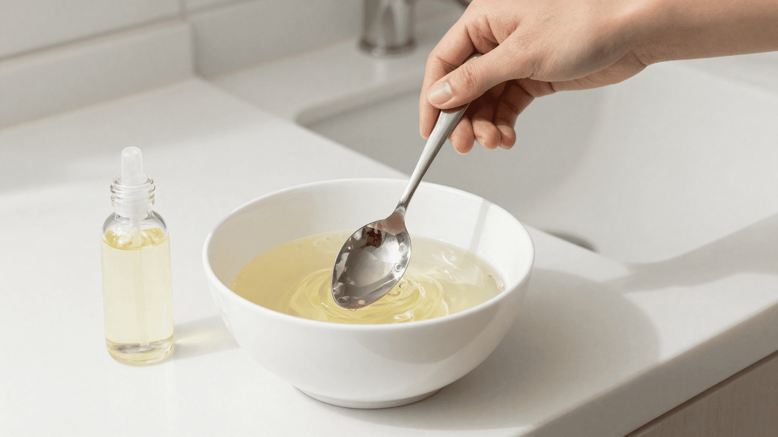 Misturando glicerina vegetal na mascara de hidratacao capilar em uma tigela