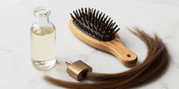 Frasco de glicerina vegetal ao lado de escova de madeira e mecha de cabelo saudavel