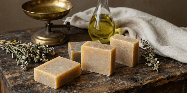 Sabões artesanais tradicionais de azeite sobre mesa de madeira antiga com balança e ervas