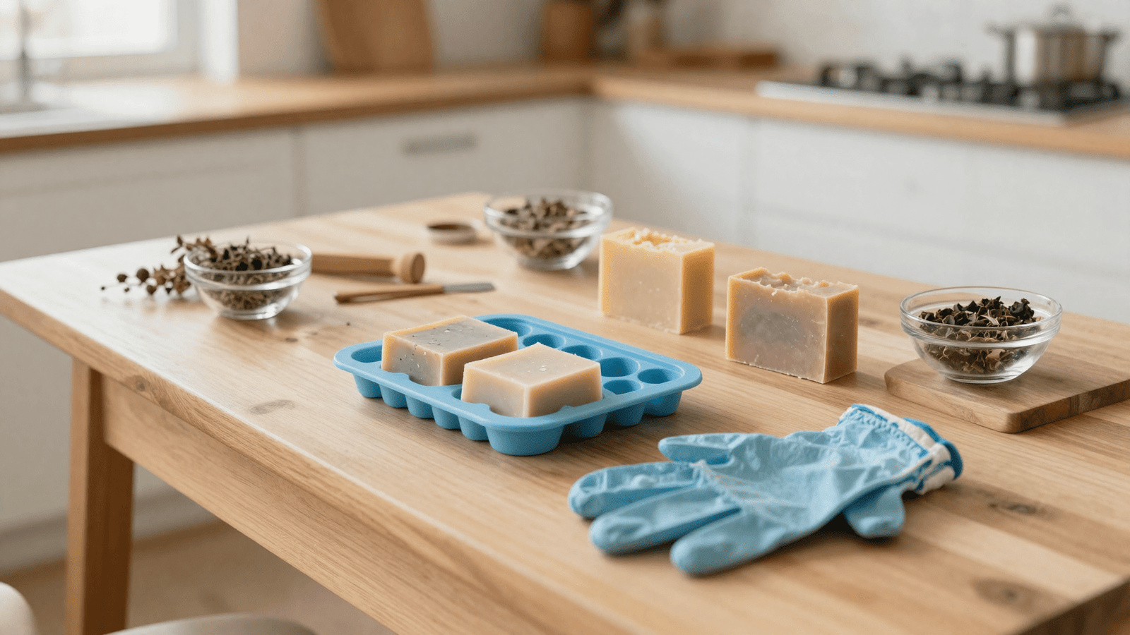 Bancada de saboaria artesanal em casa com sabonetes cold process, molde de silicone, ervas e luvas de proteção