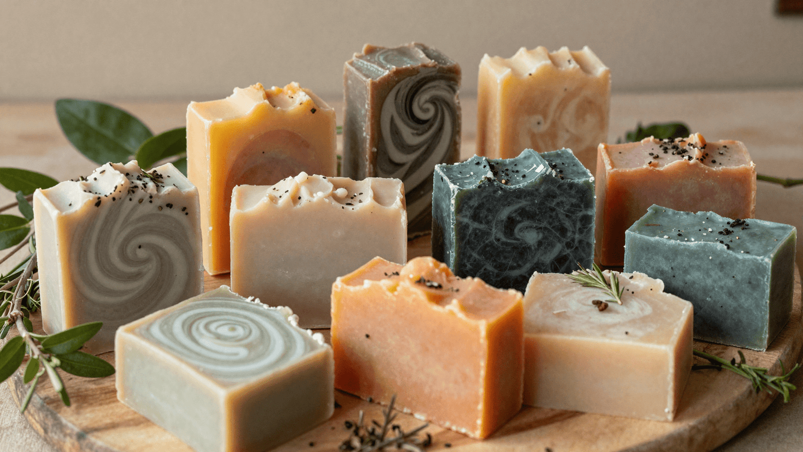 Variedade de sabonetes artesanais com técnicas de swirl, ervas e camadas