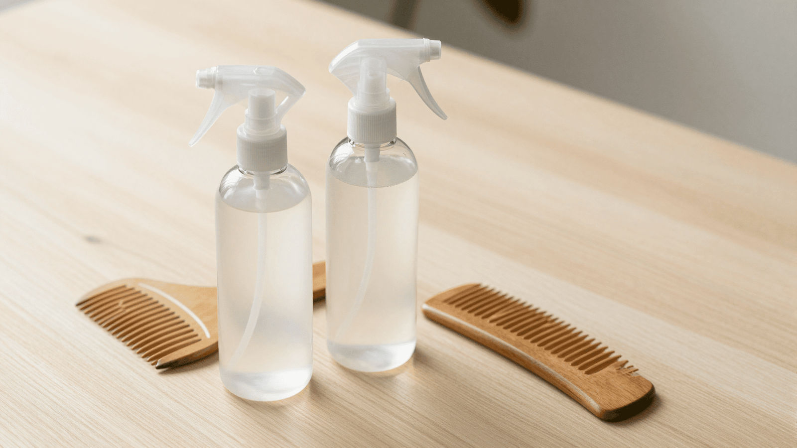 Leave-in caseiro pronto envasado em frascos spray com pente de madeira ao lado