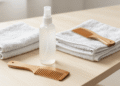 Leave-in caseiro num frasco spray com toalha e pente de madeira ao lado sobre mesa clara