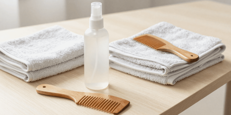 Leave-in caseiro num frasco spray com toalha e pente de madeira ao lado sobre mesa clara