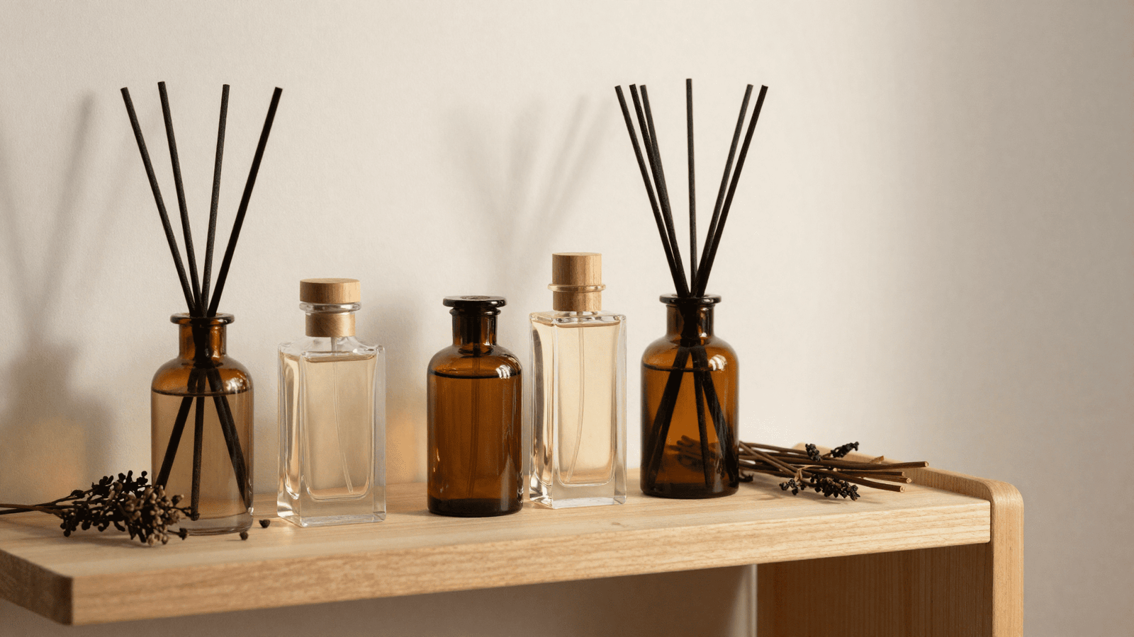 Aromatizadores e perfumes artesanais prontos depois da maceracao numa prateleira