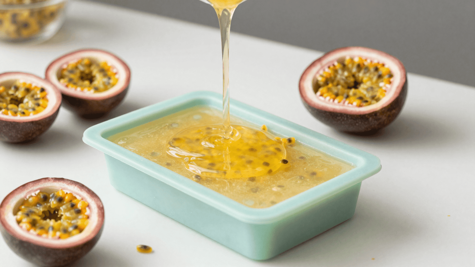 Despejando a base glicerinada amarela transparente do sabonete de maracuja na forma