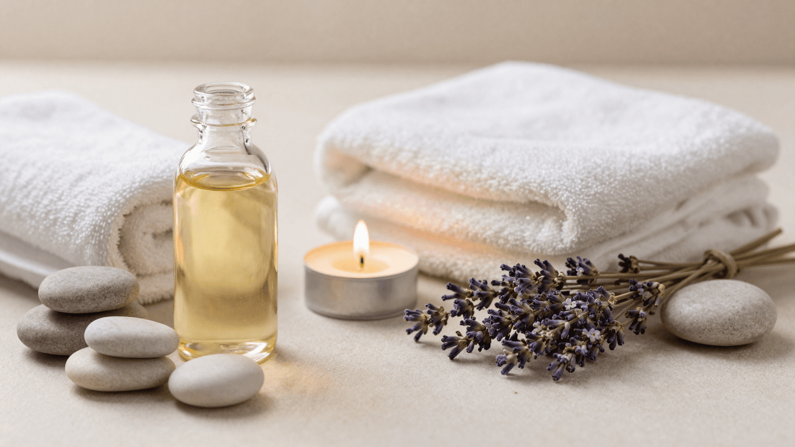 Ambiente de aromaterapia para massagem nos pes com oleo, toalha, vela e lavanda
