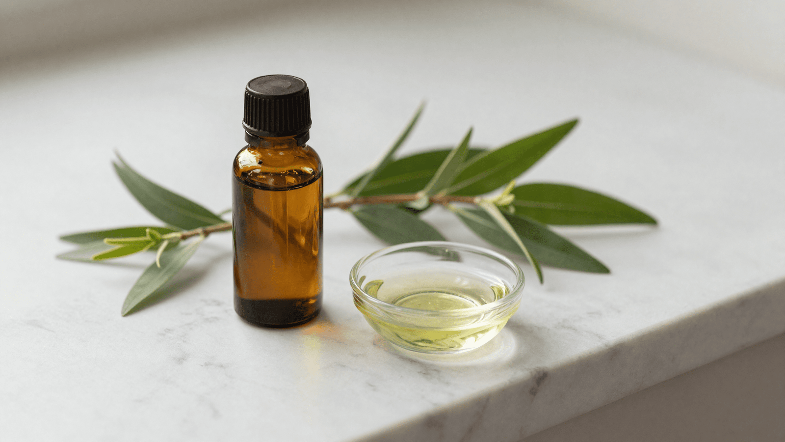 Frasco ambar de oleo essencial de melaleuca, ramo de tea tree e oleo carreador para diluicao
