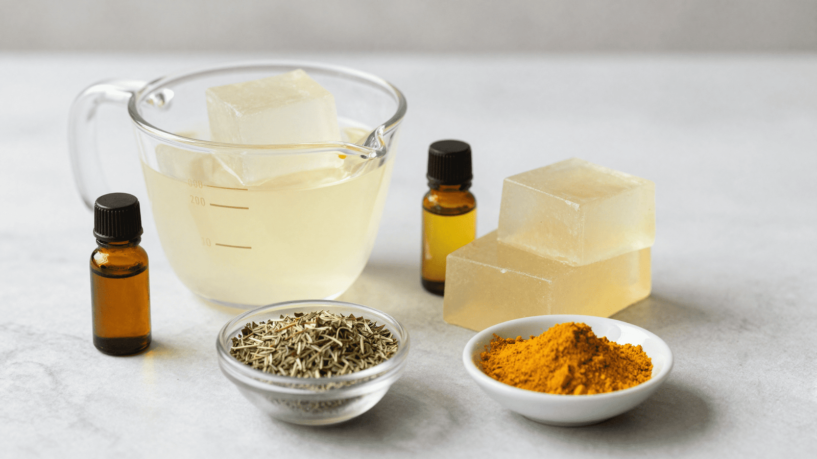 Base glicerinada, oregano seco, oleo de neem e curcuma em po para o sabonete natural