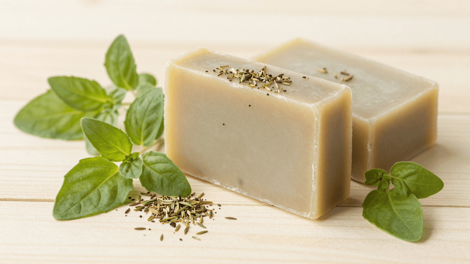 Sabonetes naturais de oregano e neem com oregano seco e folhas verdes ao lado