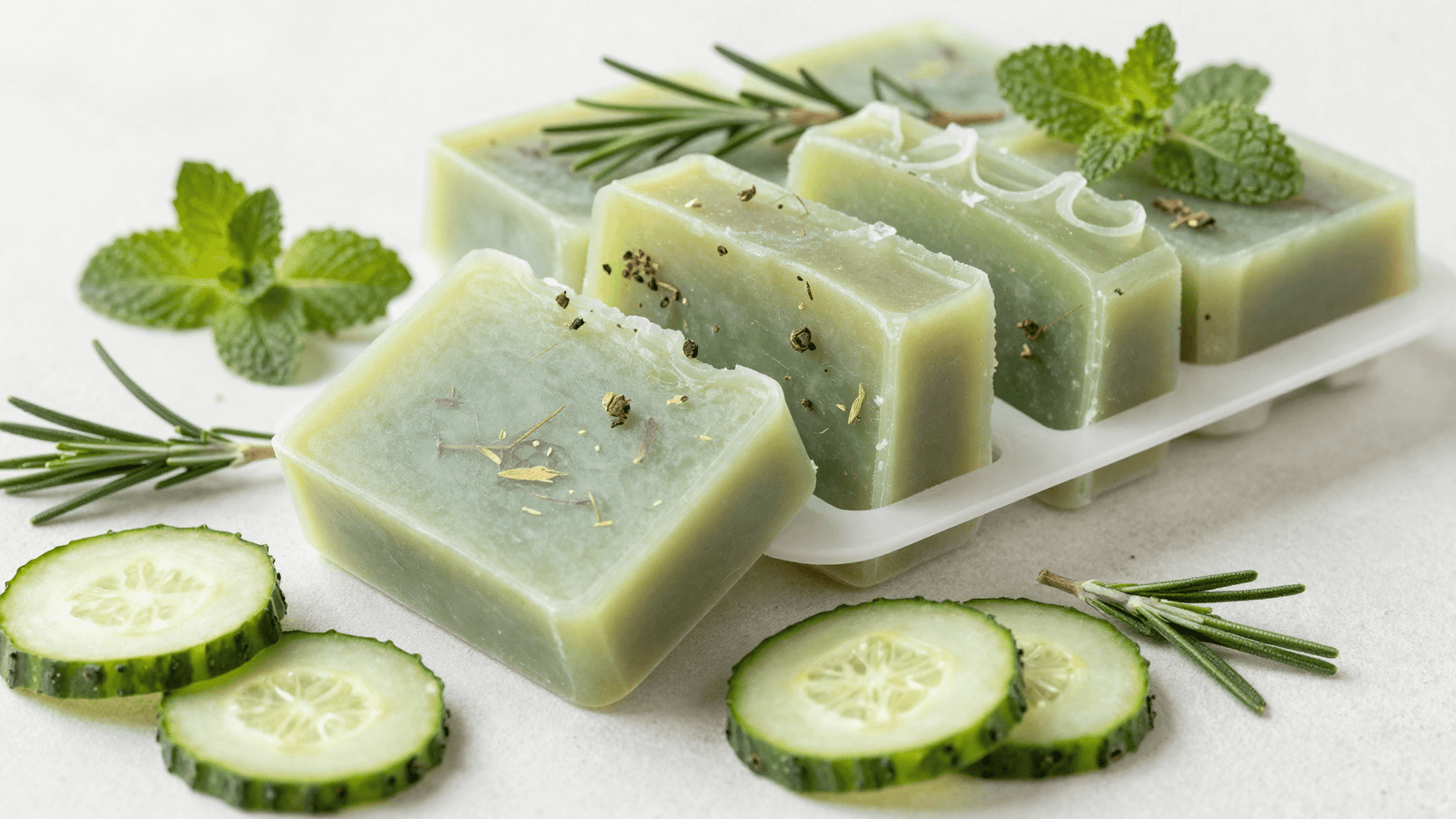 Sabonetes verdes de pepino, hamamelis e alecrim prontos no molde com pepino e alecrim ao lado