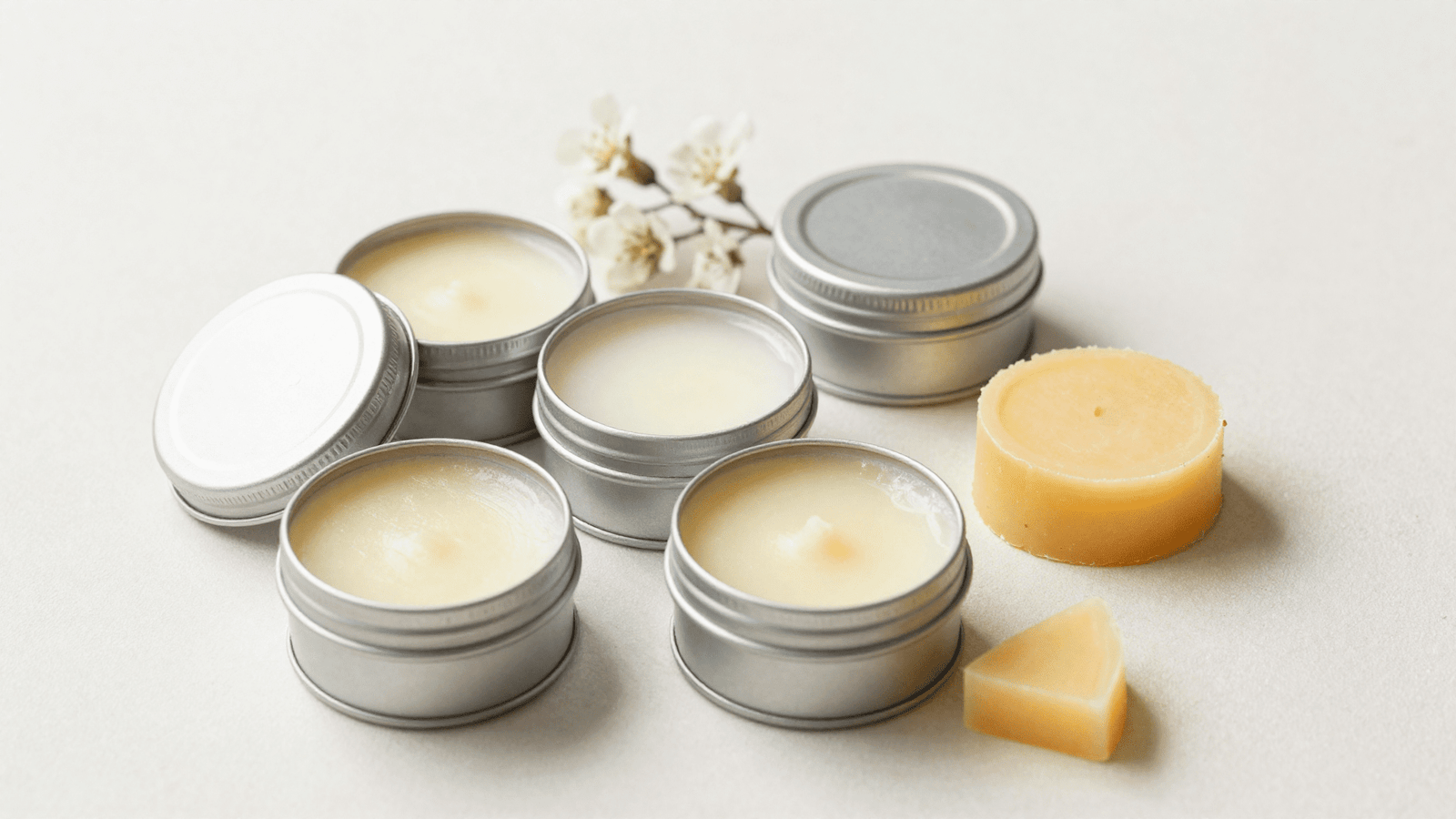 Perfume solido em pasta pronto em latinhas com flores e cera de abelha ao lado