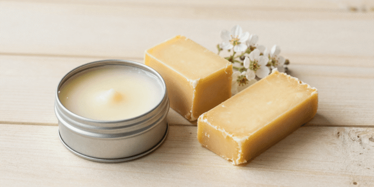 Perfume solido em pasta caseiro em latinha com cera de abelha, manteiga de cacau e flores