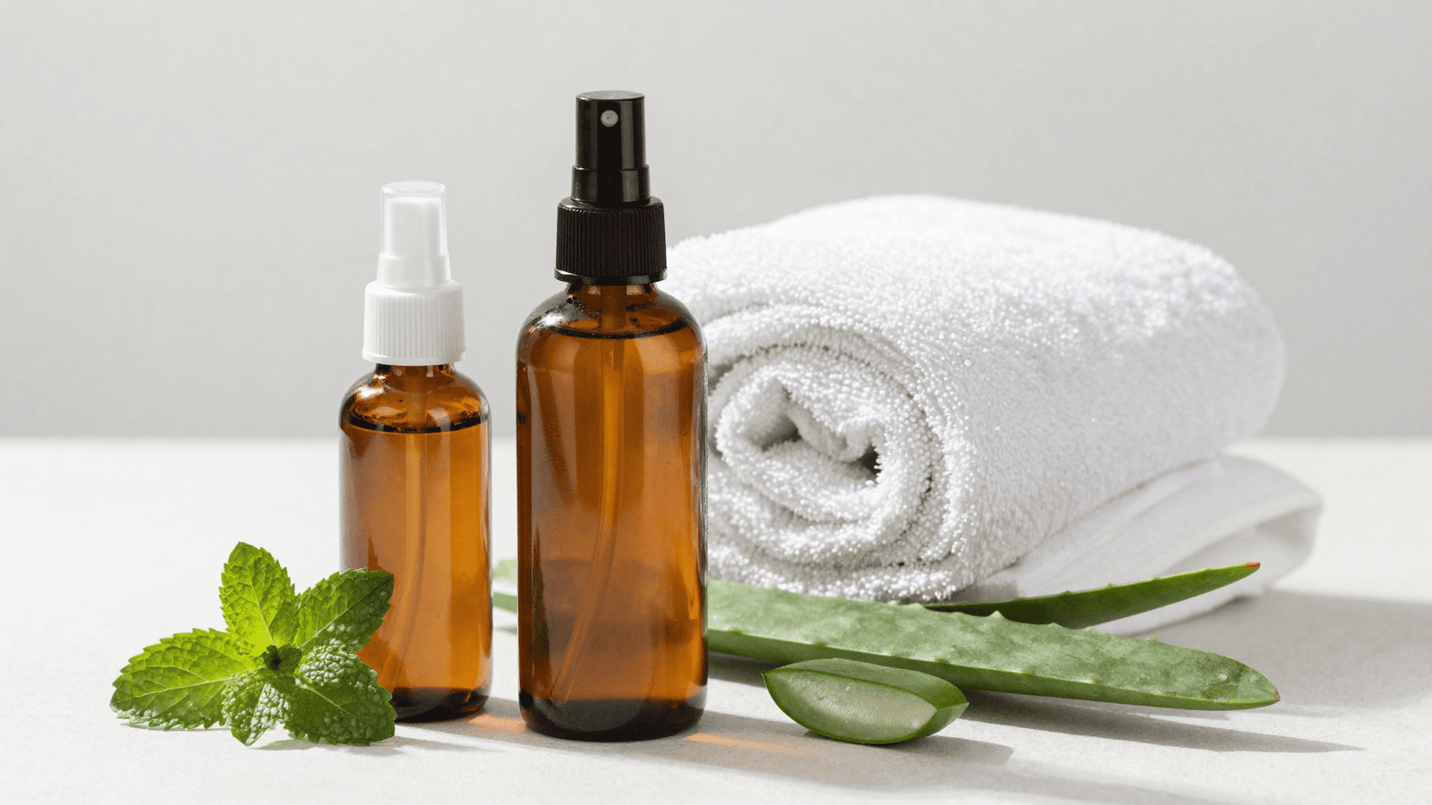 Spray pos-sol caseiro pronto em frasco ambar com aloe vera, hortela e toalha de praia