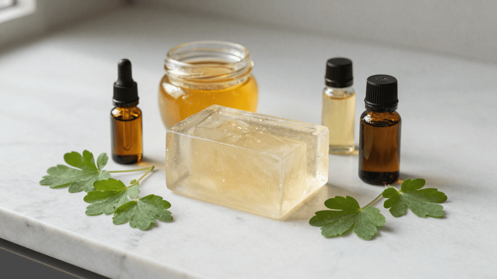 Base glicerinada transparente, mel, extratos de propolis e confrei e folhas de confrei para o sabonete