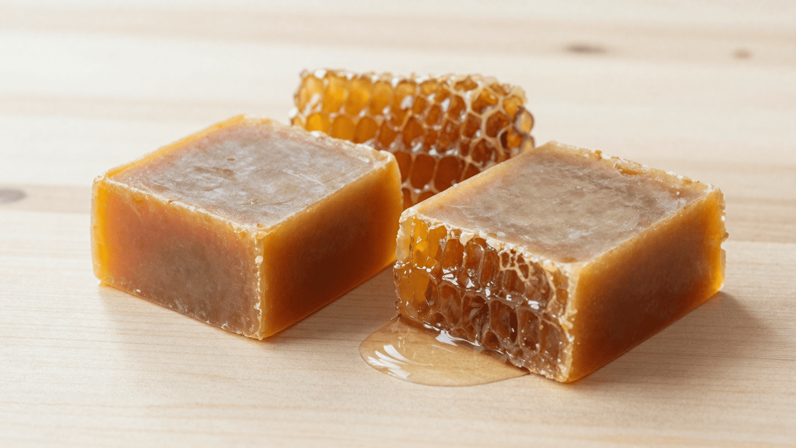 Sabonetes de propolis e confrei cor de mel com efeito colmeia e favo de mel ao lado