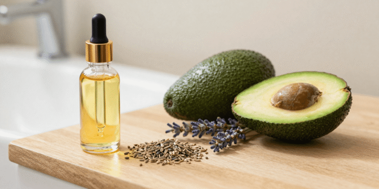 Reparador de pontas caseiro em frasco conta-gotas com abacate, jojoba e lavanda