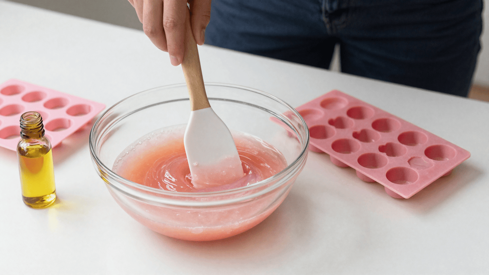 Preparando o sabonete de rosa mosqueta misturando a base glicerinada rosada com o oleo