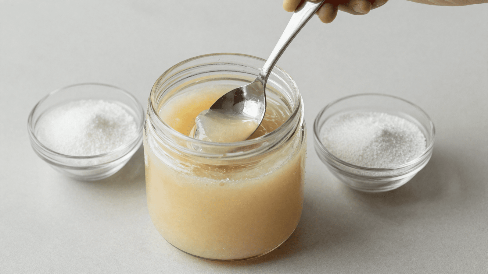 Misturando e engrossando o sabao liquido caseiro num pote de vidro com sal e bicarbonato ao lado