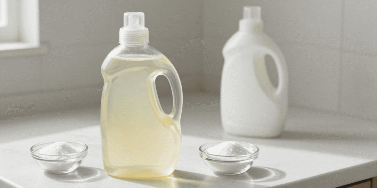 Sabao liquido caseiro tipo OMO em frasco com sal, bicarbonato e detergente