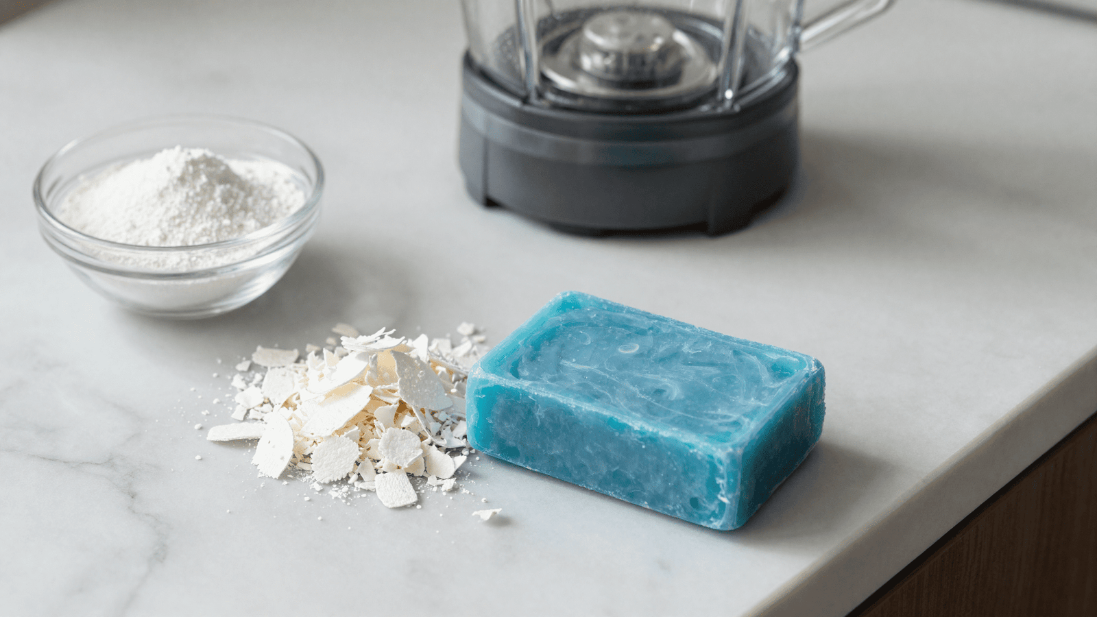 Sabao ralado em flocos, barra de sabao glicerinado azul e bicarbonato para fazer sabao em po caseiro