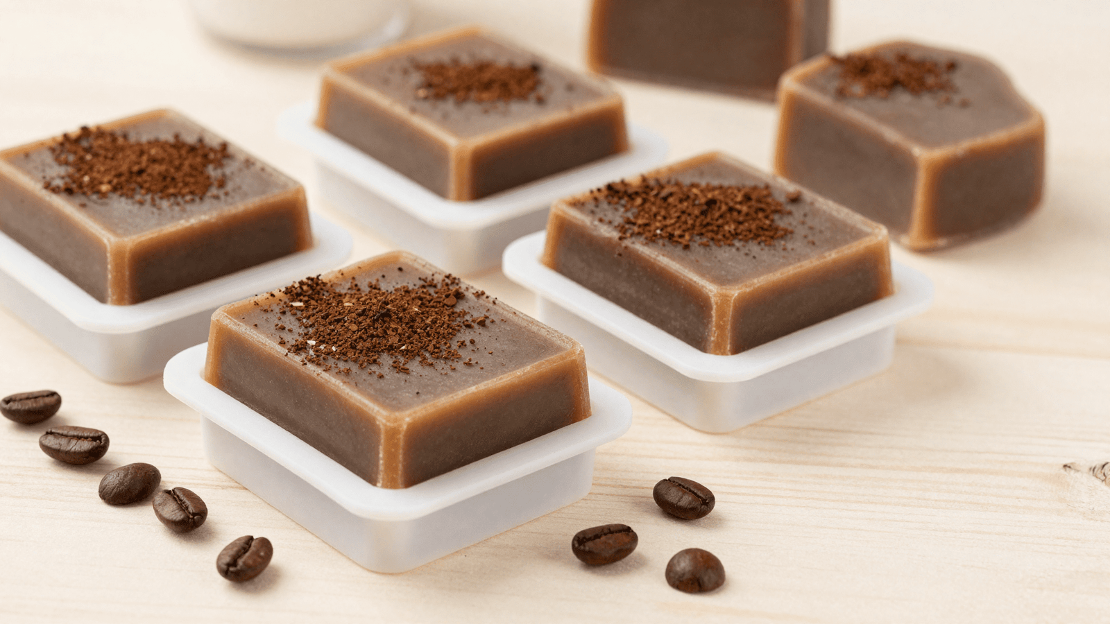 Sabonetes esfoliantes de cafe prontos no molde de silicone com graos de cafe ao lado