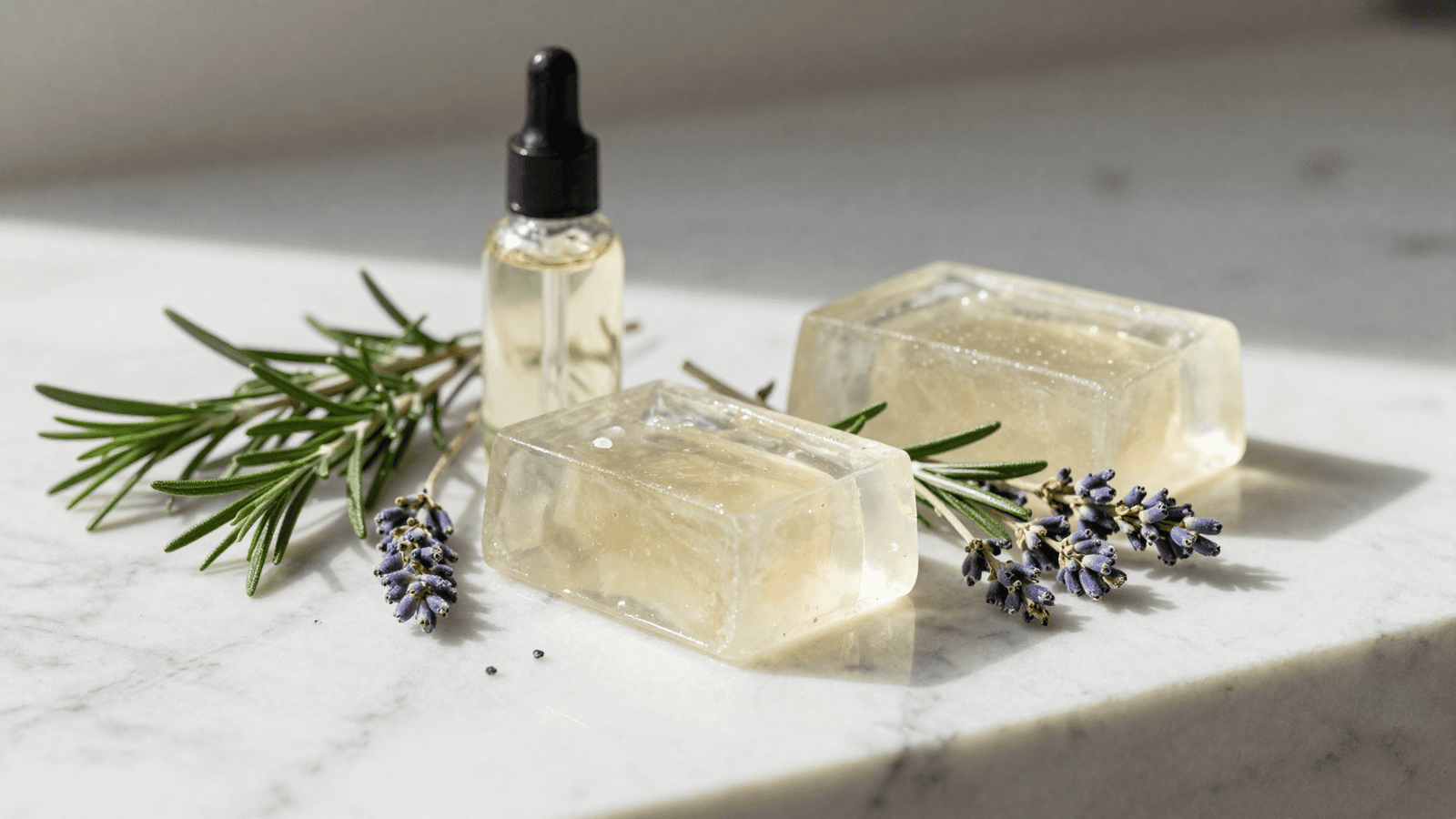 Cubos de base glicerinada transparente, ramos de alecrim e lavanda e essencia para o sabonete de ervas